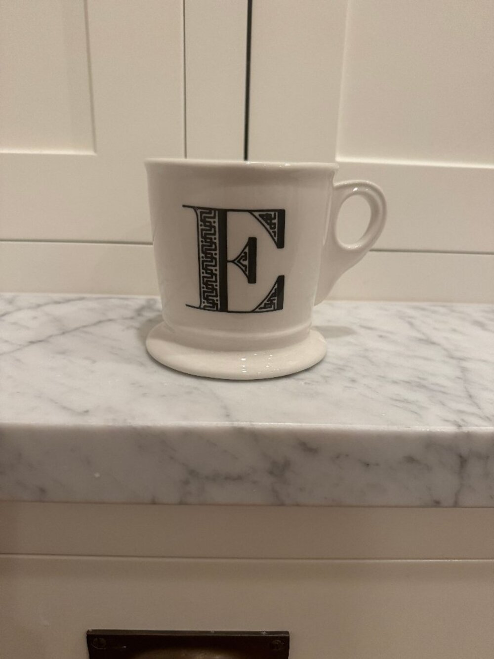 Anthropologie Monogram Initial E Mug Black Greek Key Footed Shaving Mug